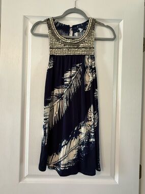 VENUS Navy and Cream Beaded-Yoke Palm-Print Mini Dress Size 1X New Without Tags
